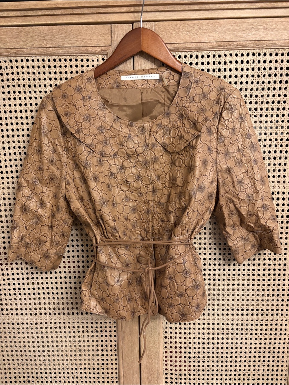 Susana Monaco Brown Leather Floral Jacquard Cropped Jacket